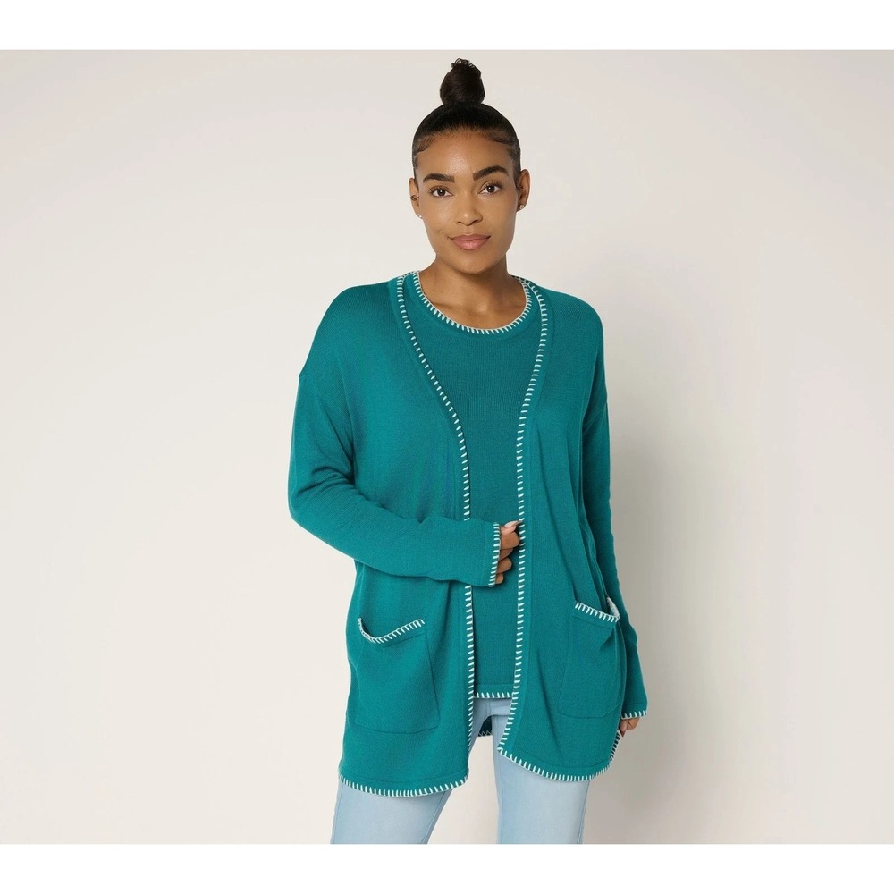 Belle by Kim Gravel Women's Top Petite Sweater Blanket Stitch Blue, Petite small